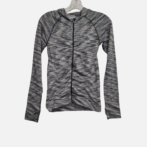 Athleta XS Womens Hooded Zip-Up Jacket Grey & Black Striped Thumbholes 4054 - Picture 1 of 8